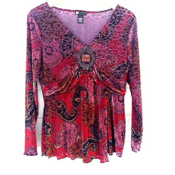 Carole Little Blouse Long Sleeve Top Medium Textured Sheer Colorful Velvety - Picture 8 of 12